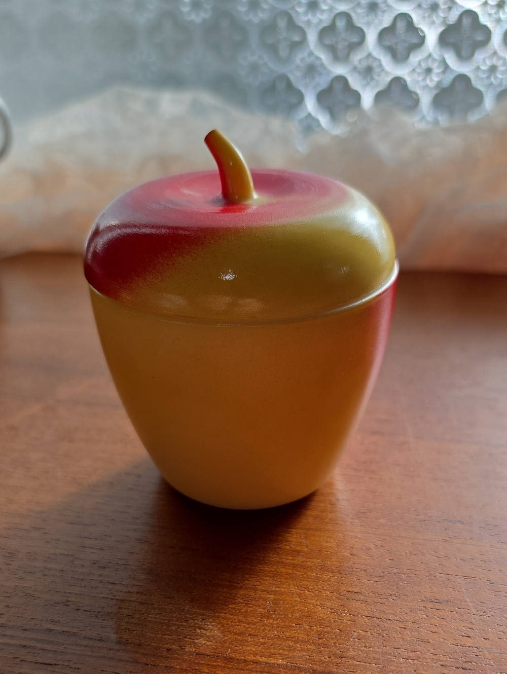 Vintage Hazel Atlas Milk Glass Red Yellow Apple Jam Jar Trinket Box Covered Dish
